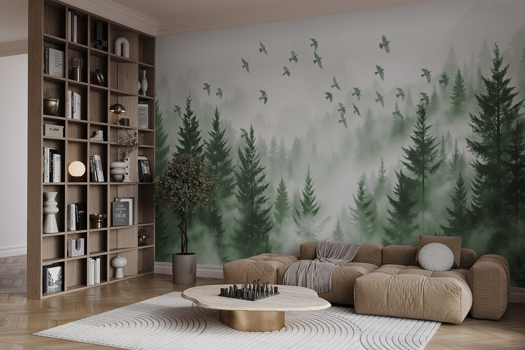 Aves sobre pinhal nevoento — interior 2