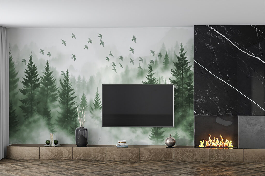 Aves sobre pinhal nevoento — interior 3