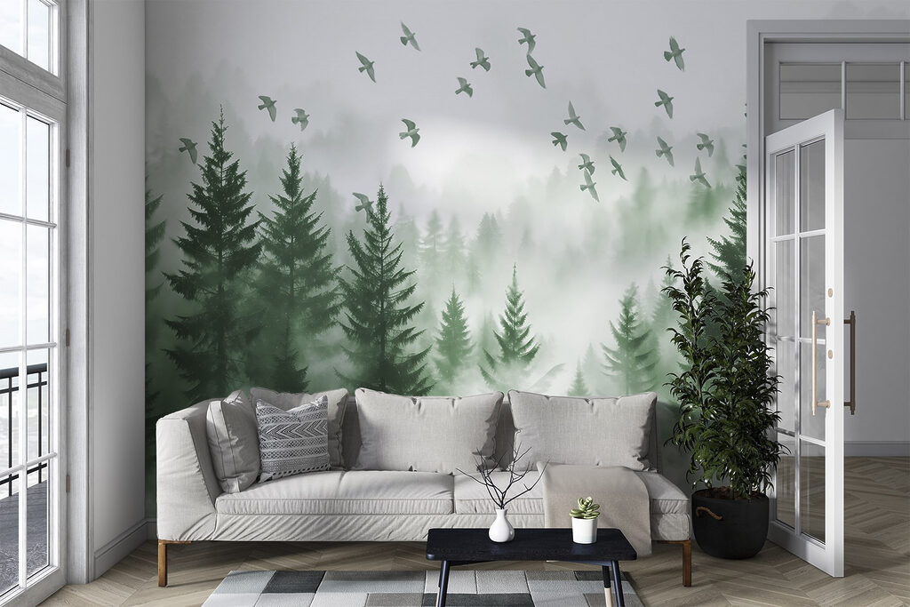 Aves sobre pinhal nevoento — interior 4