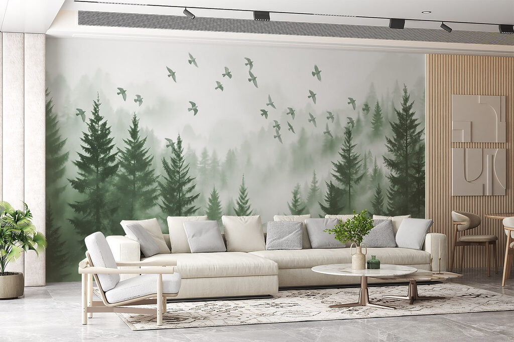 Aves sobre pinhal nevoento — interior 5