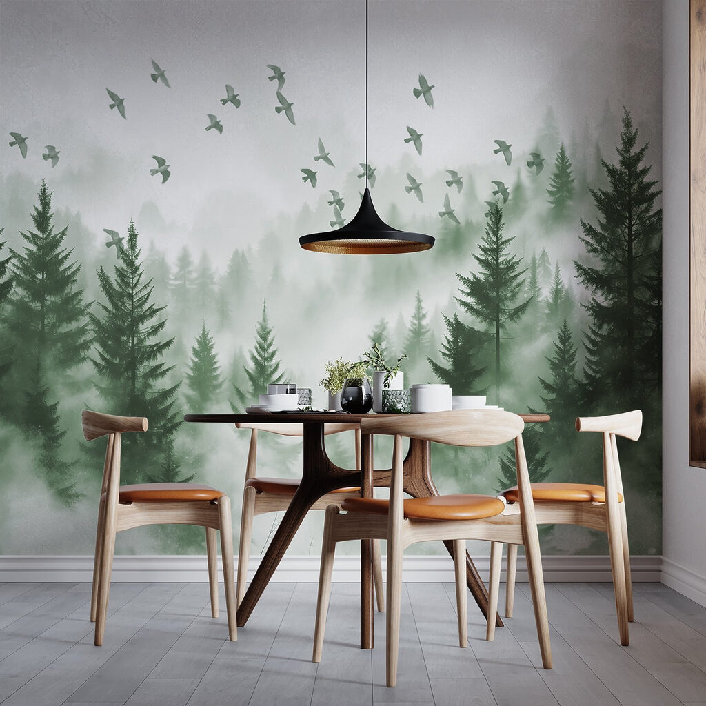 Aves sobre pinhal nevoento — interior 6