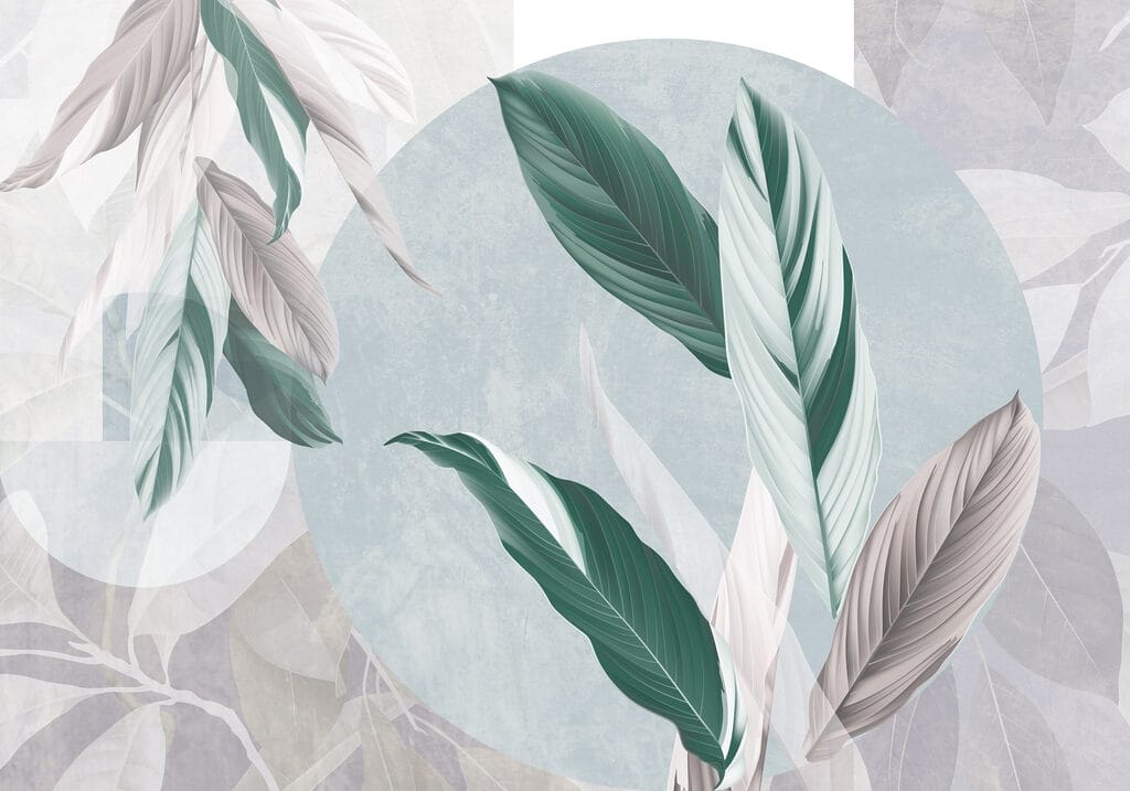 Folhas entre círculos claros — design completo
