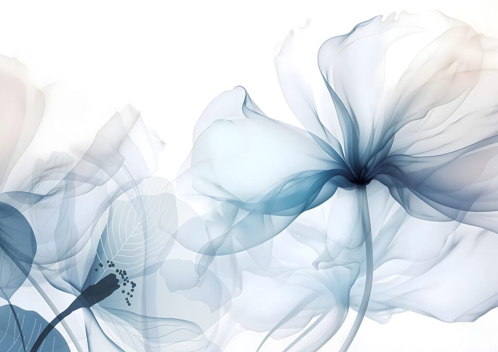 Flores translúcidas sobre branco — design completo