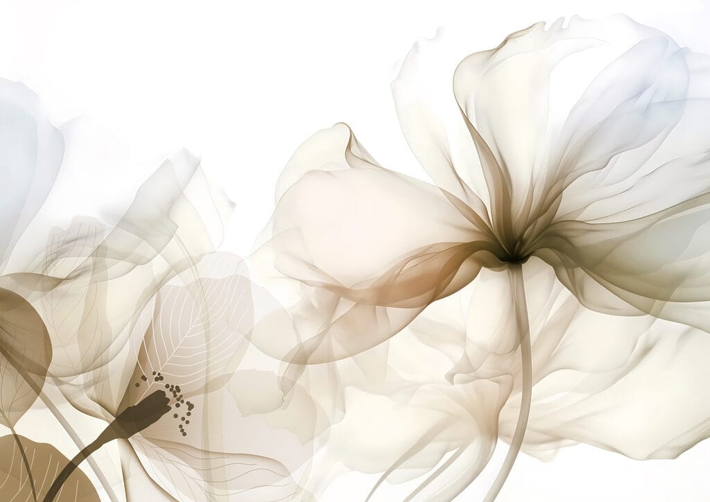 Flores translúcidas sobre branco — design completo