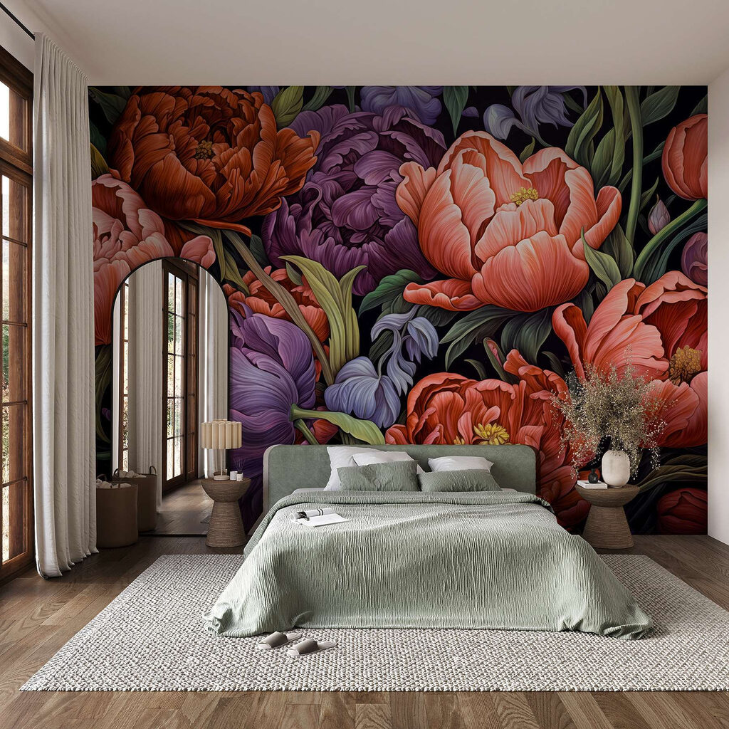 Peónias e tulipas num interior
