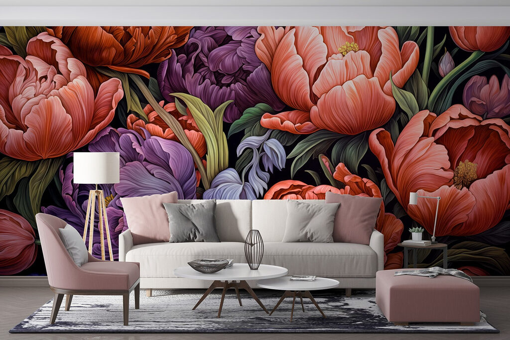 Peónias e tulipas num interior
