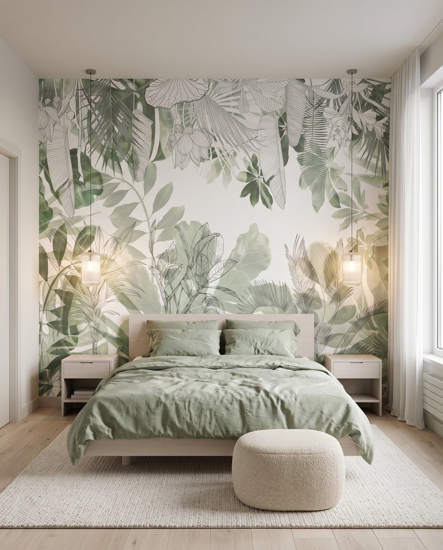 Folhas verdes em hastes num interior