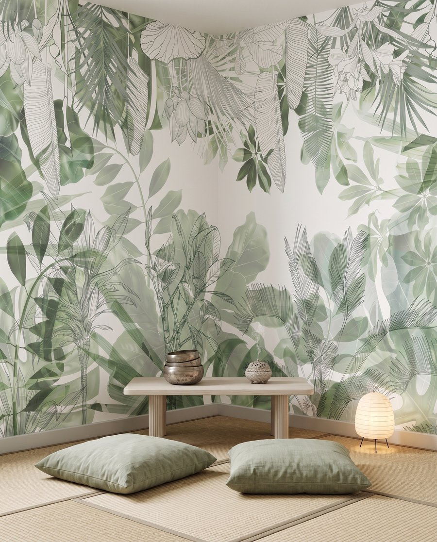 Folhas verdes em hastes num interior