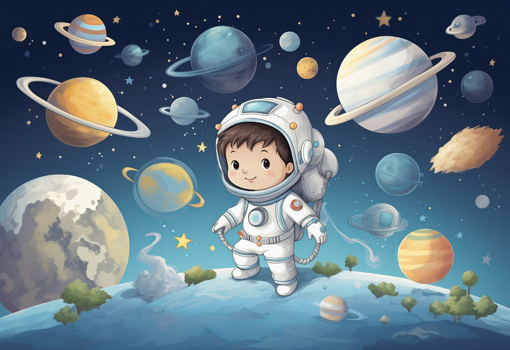 Astronauta entre planetas coloridos — design completo