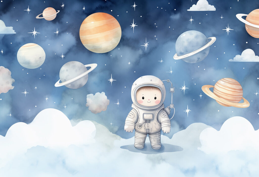 Astronauta sobre nuvens brancas — design completo
