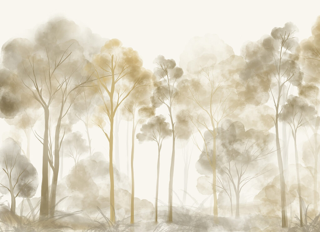Árvores douradas na neblina — design completo