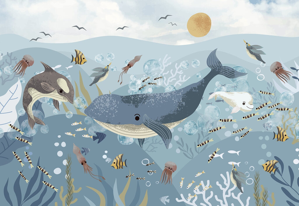Baleia entre pequenos peixes — design completo