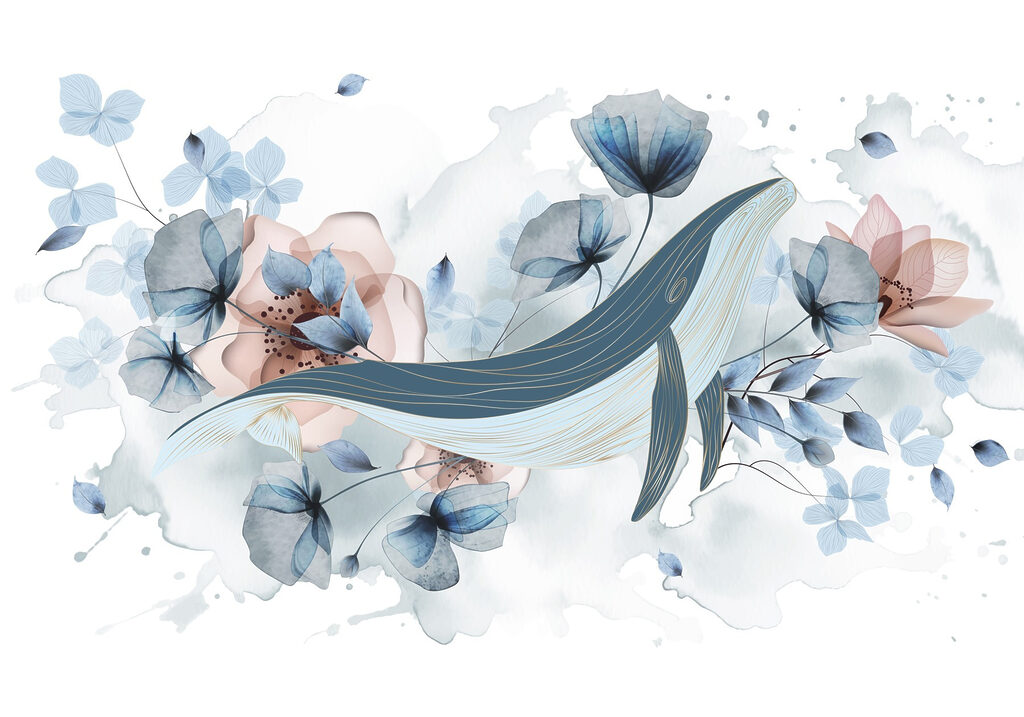 Baleia entre flores azuis — design completo