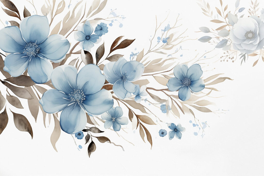 Flores azuis com ramos — design completo