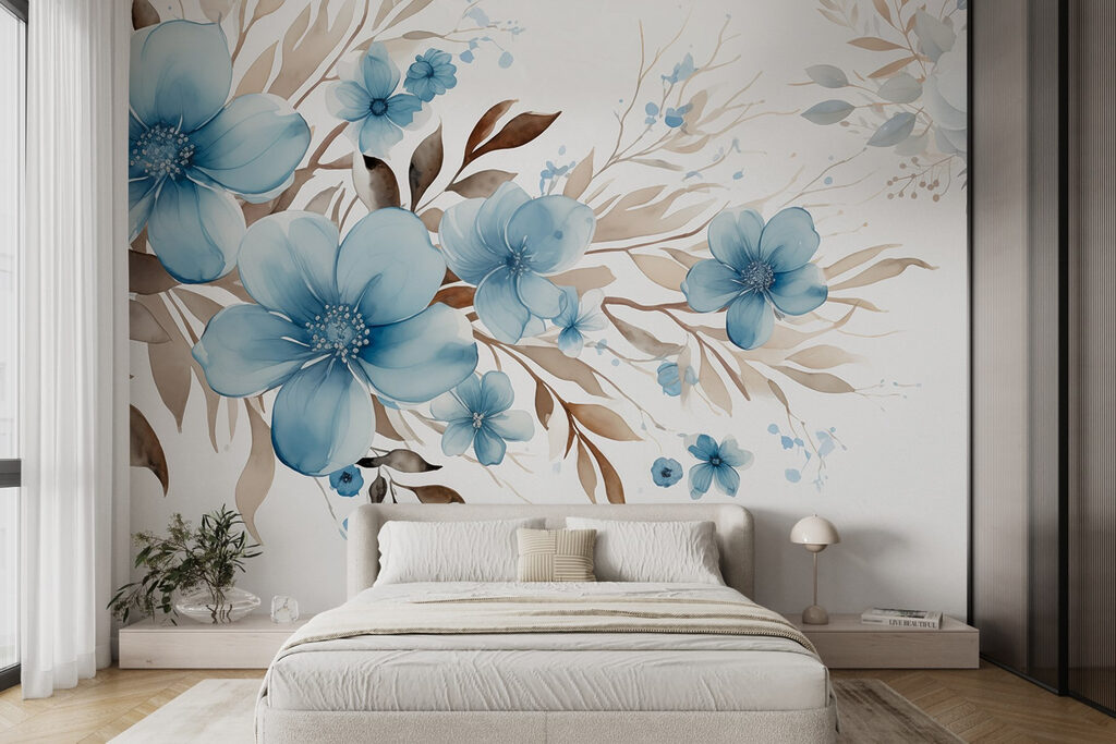Flores azuis com ramos num interior