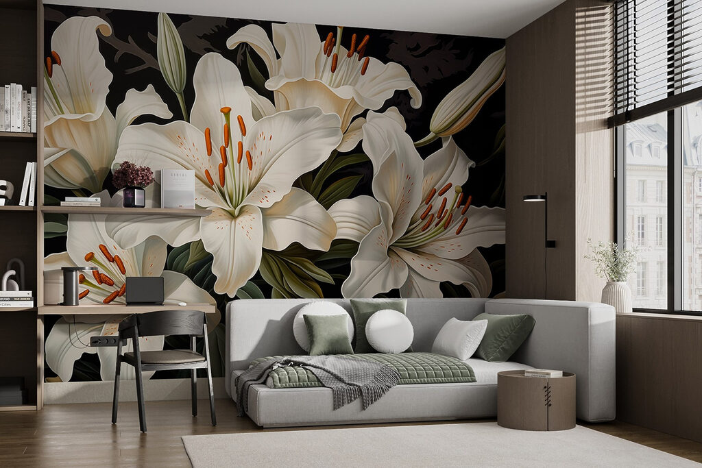 Lírios brancos sobre preto — interior 1