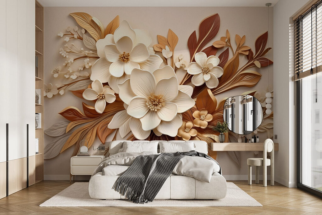 Flores com folhas cobreadas num interior