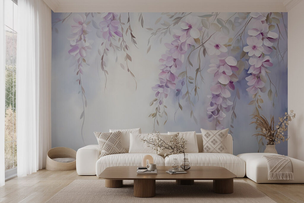 Flores lilás em cascata num interior