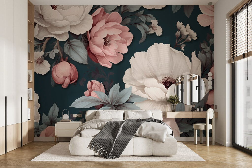 Peónias rosa em azul-petróleo — interior 1