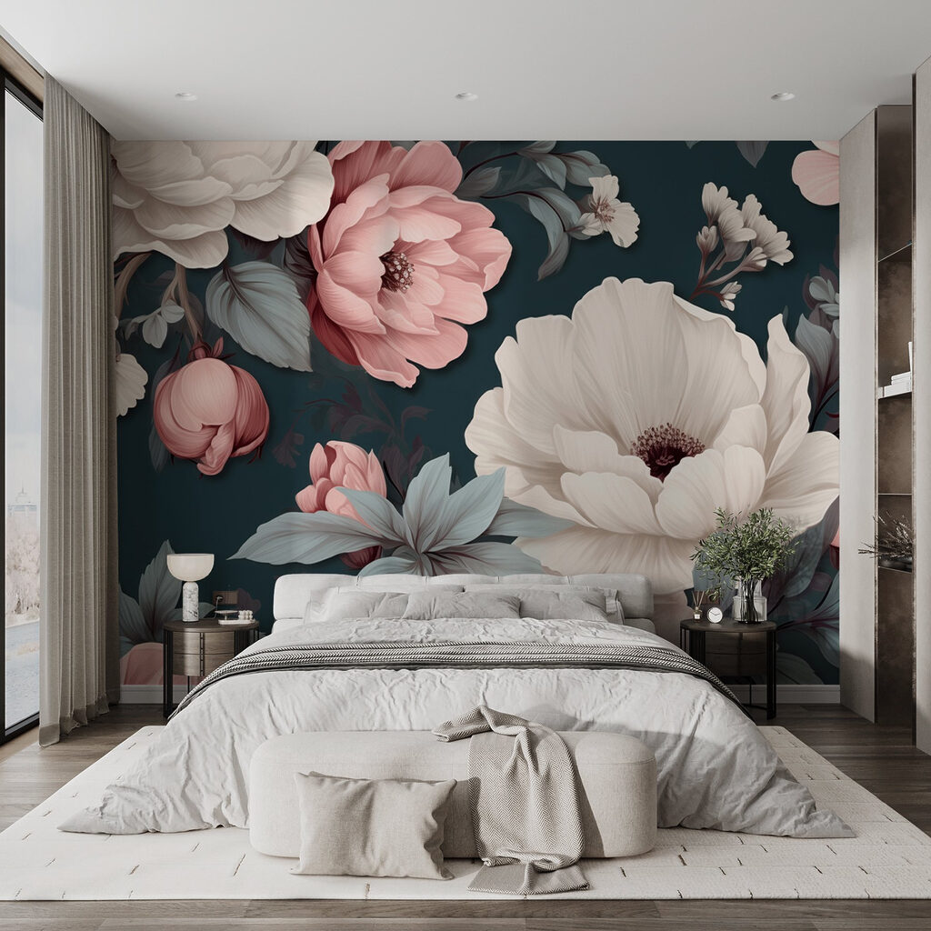 Peónias rosa em azul-petróleo — interior 2