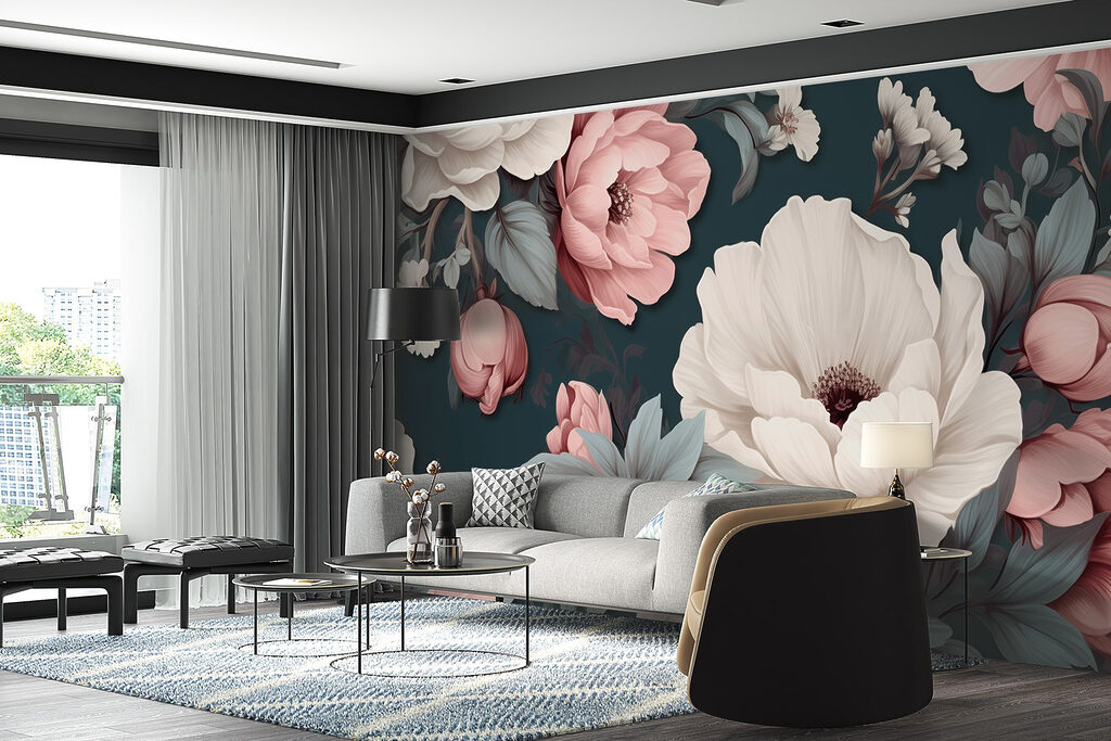 Peónias rosa em azul-petróleo — interior 3