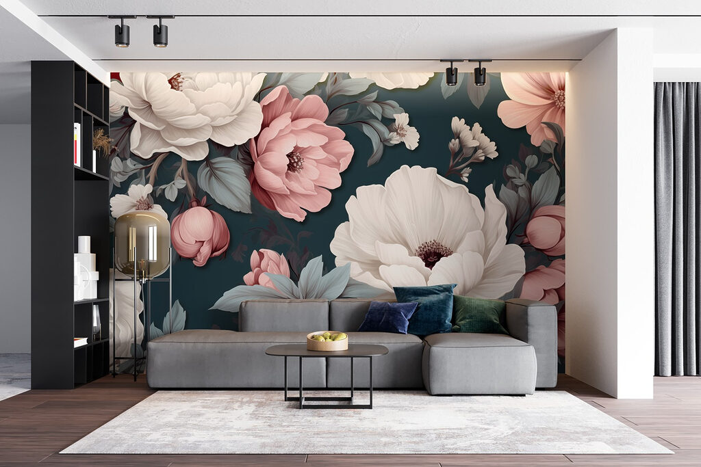 Peónias rosa em azul-petróleo — interior 4