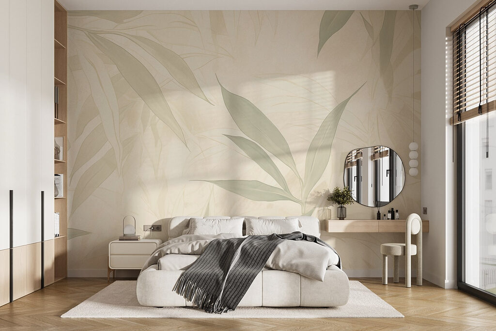Folhas pálidas em verde-creme num interior