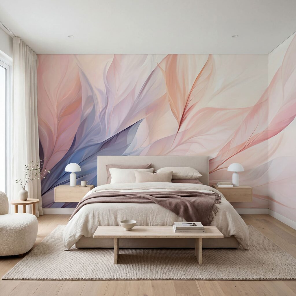 Folhas azuis e rosa num interior