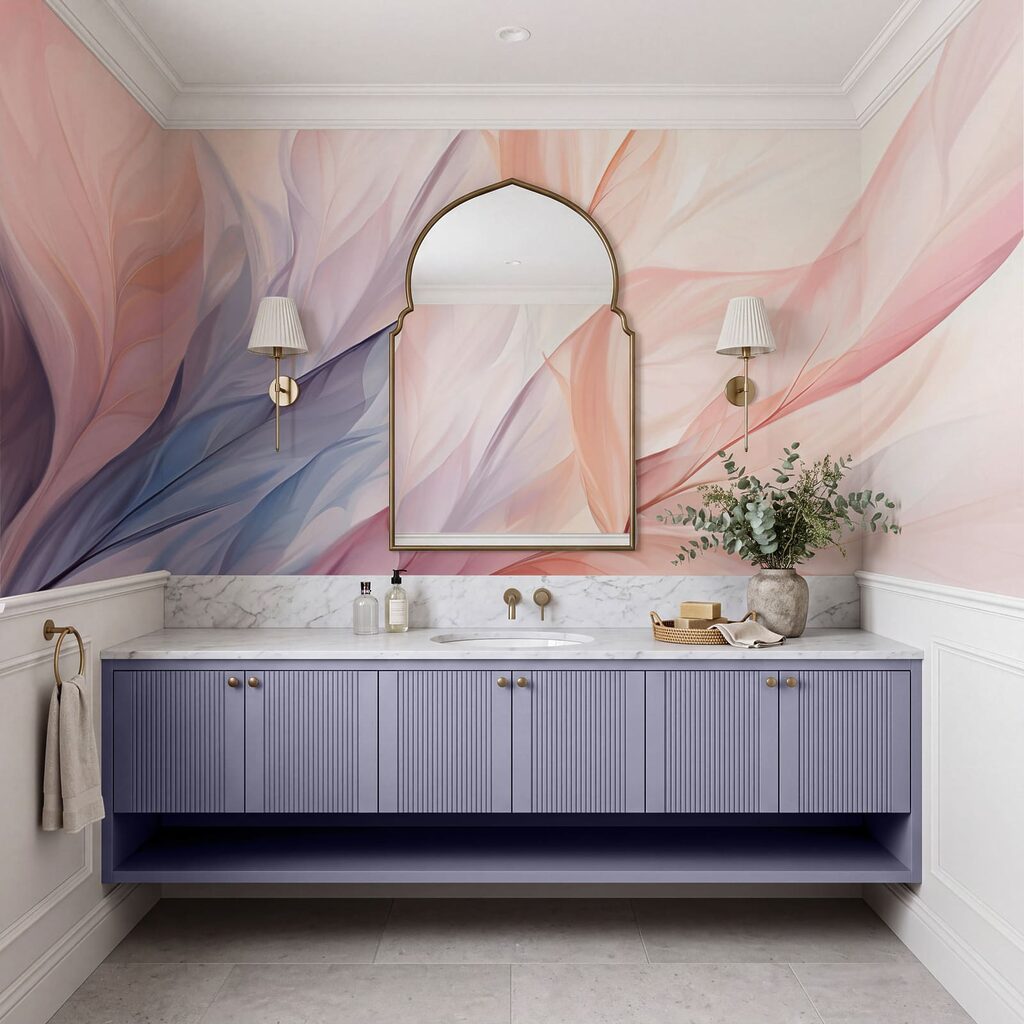 Folhas azuis e rosa num interior