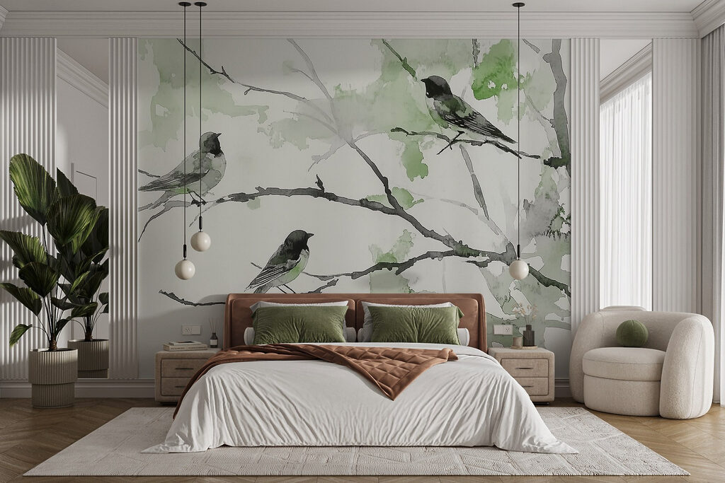Pequenas aves em aguarela num interior