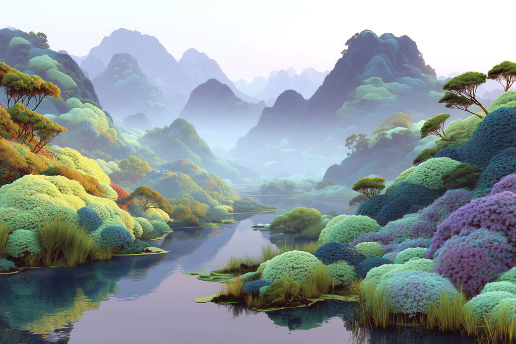 Rio entre montanhas coloridas — design completo