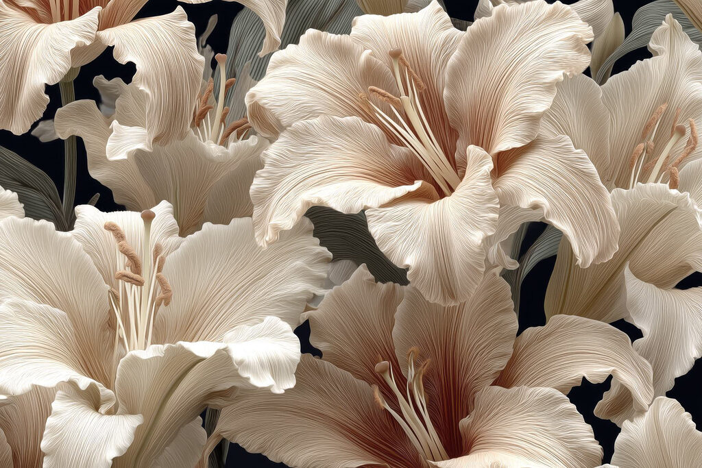 Flores onduladas sobre preto — design completo