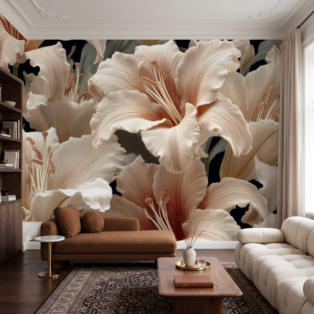Flores onduladas sobre preto num interior