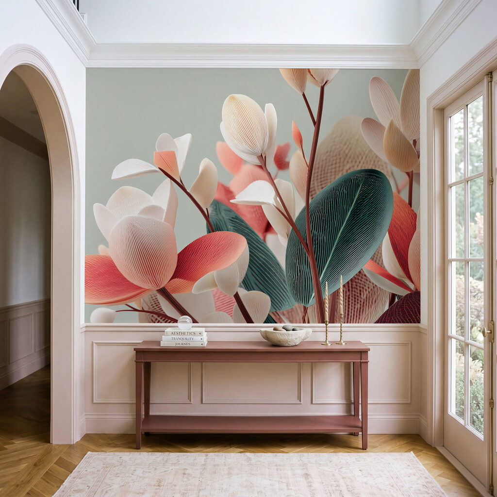 Flores rosa entre folhas — interior 2