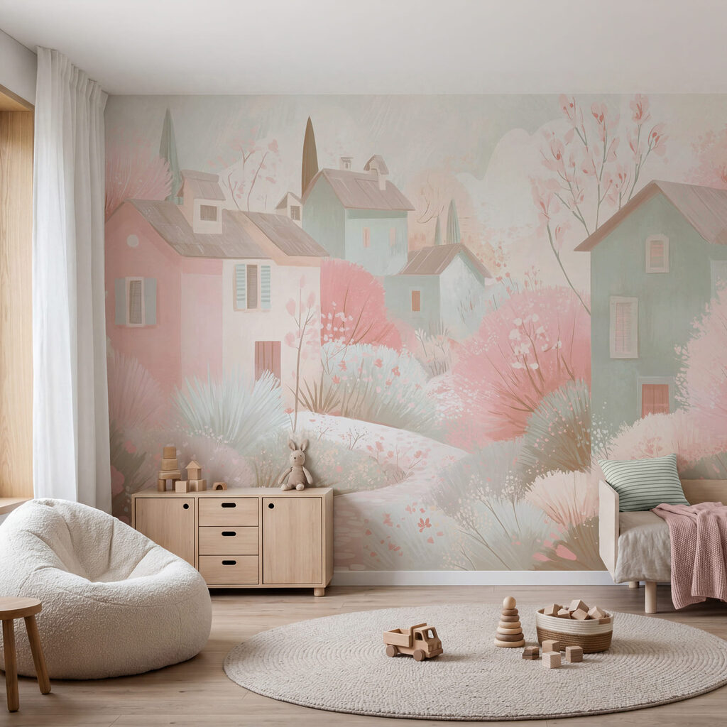 Casinhas pastel entre flores num interior