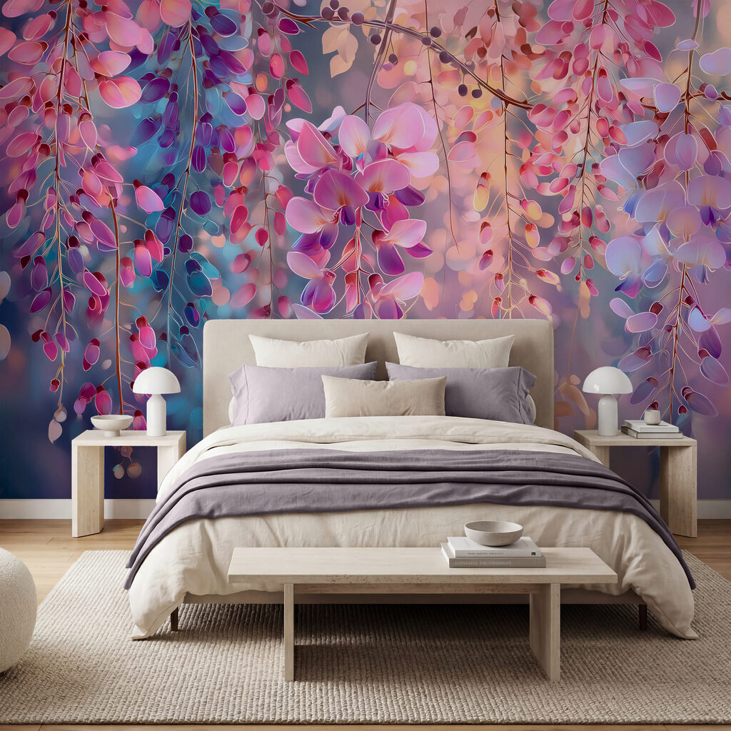 Ramos roxos ao entardecer num interior