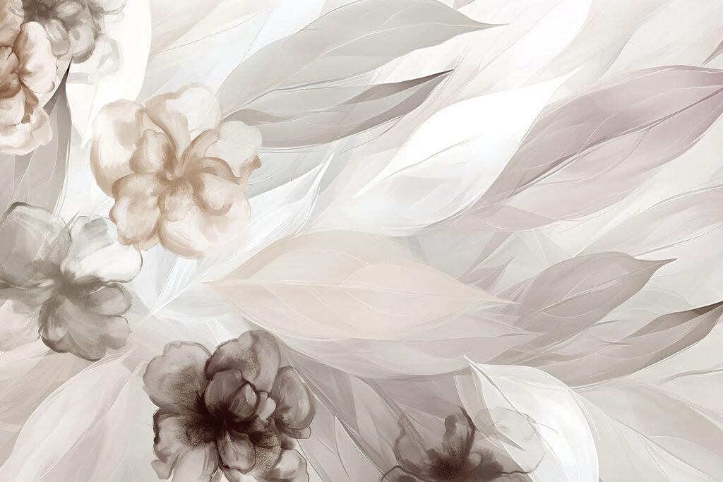 Folhas pastel entre flores — design completo