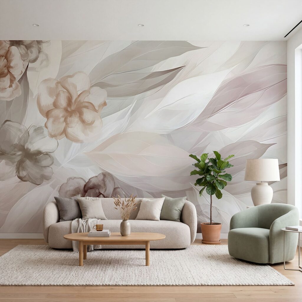 Folhas pastel entre flores num interior