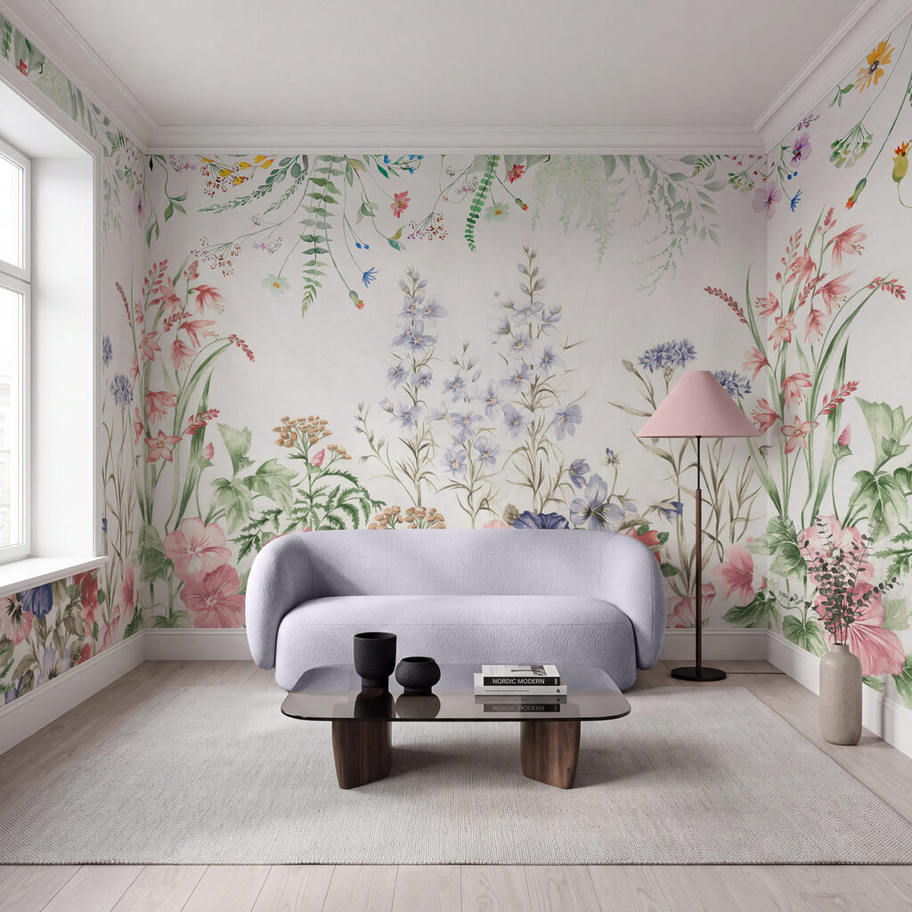 Jardim florido em branco num interior