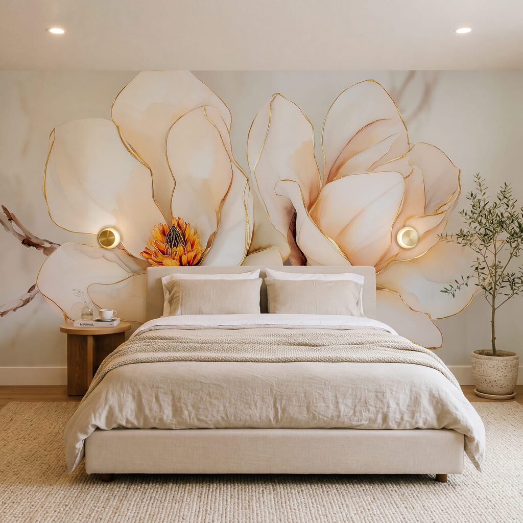 Duas flores com dourado num interior