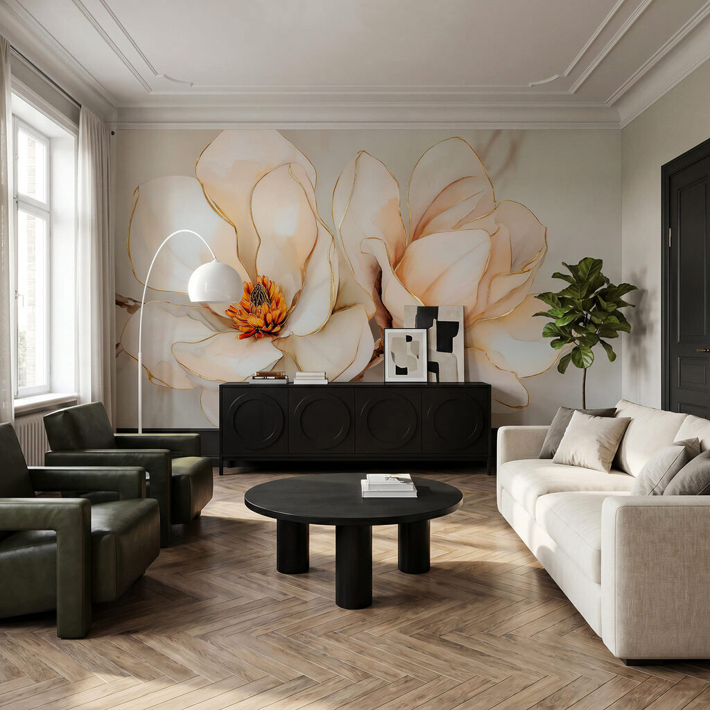 Duas flores com dourado num interior