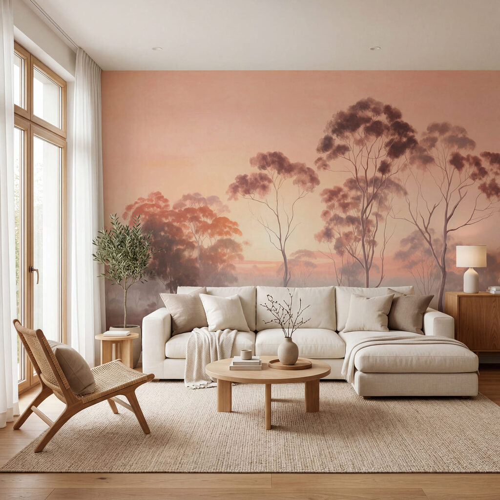 Árvores ao amanhecer num interior