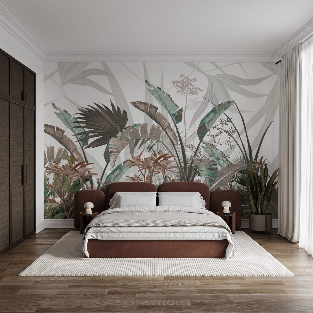 Folhas tropicais em gravura num interior