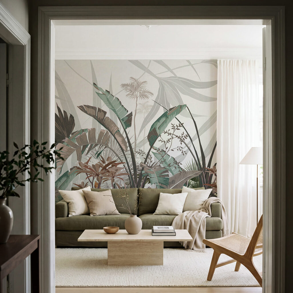 Folhas tropicais em gravura num interior