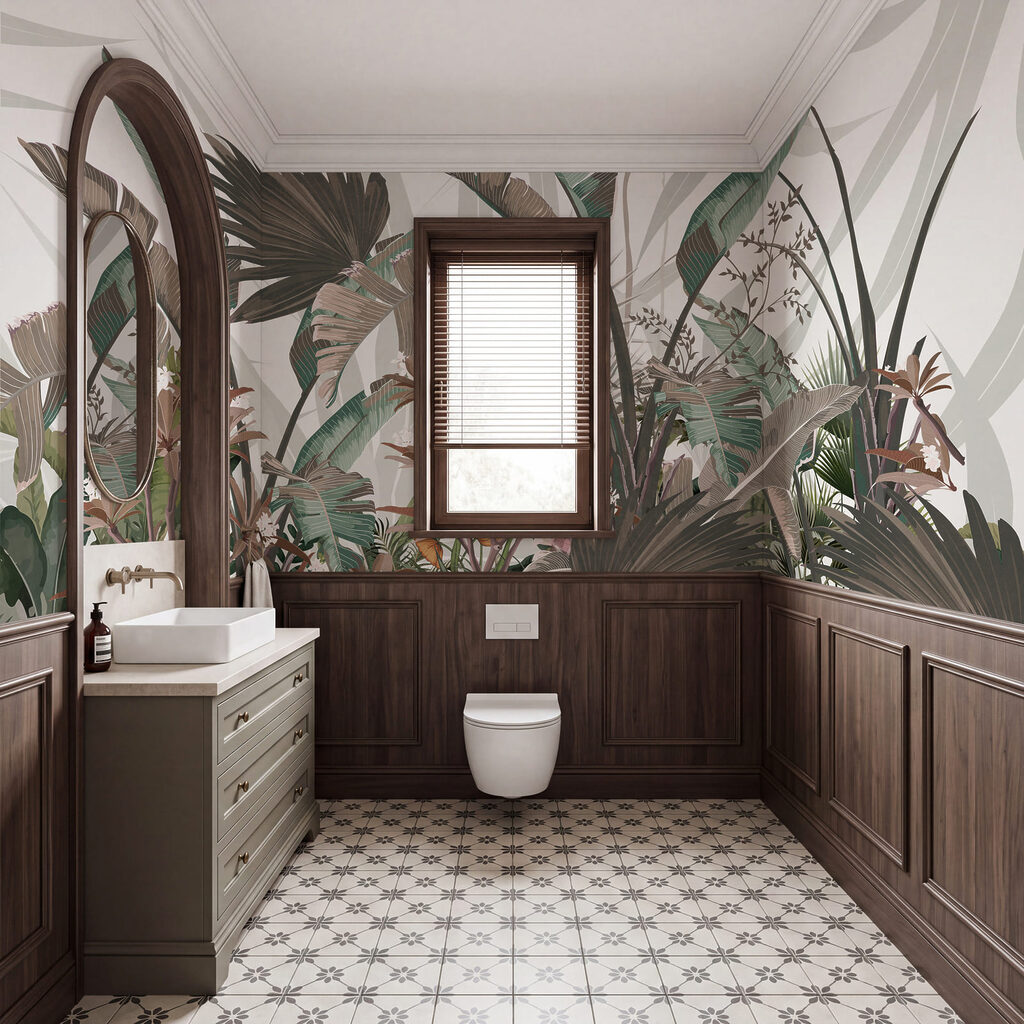 Folhas tropicais em gravura num interior