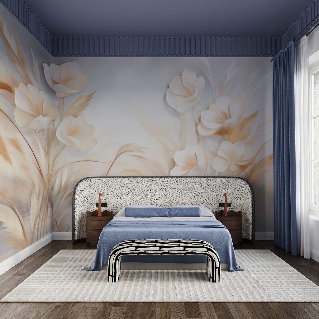 Flores creme sobre hastes num interior