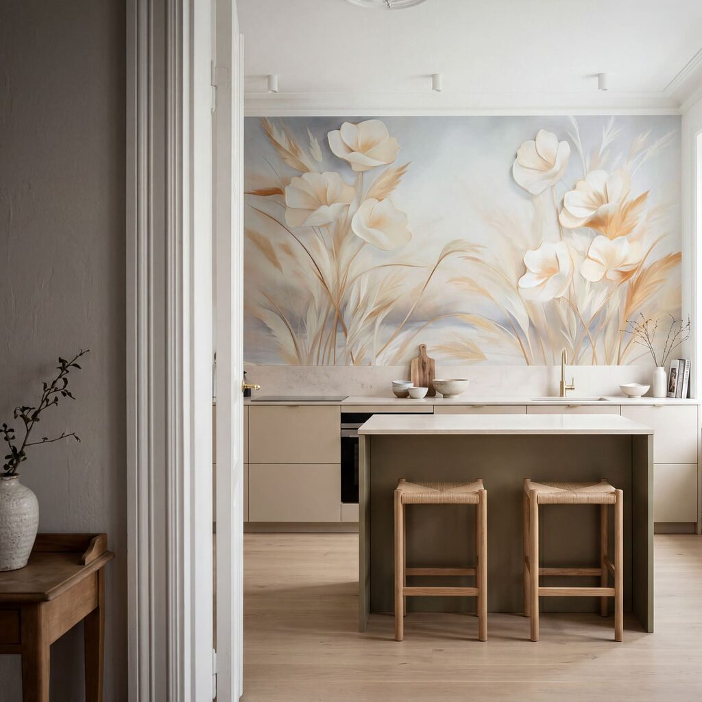 Flores creme sobre hastes num interior